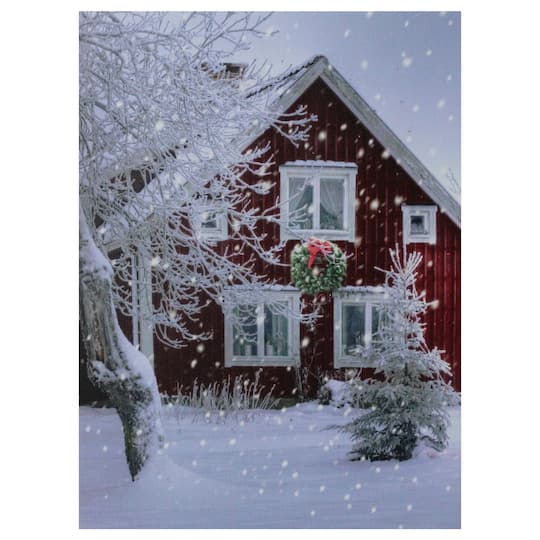 LED Lighted Red Snowy Barn House Christmas Wall Art
